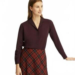 Uniqlo Rayon Airy Open Collar Long Sleeve Blouse Burgundy Wine XS